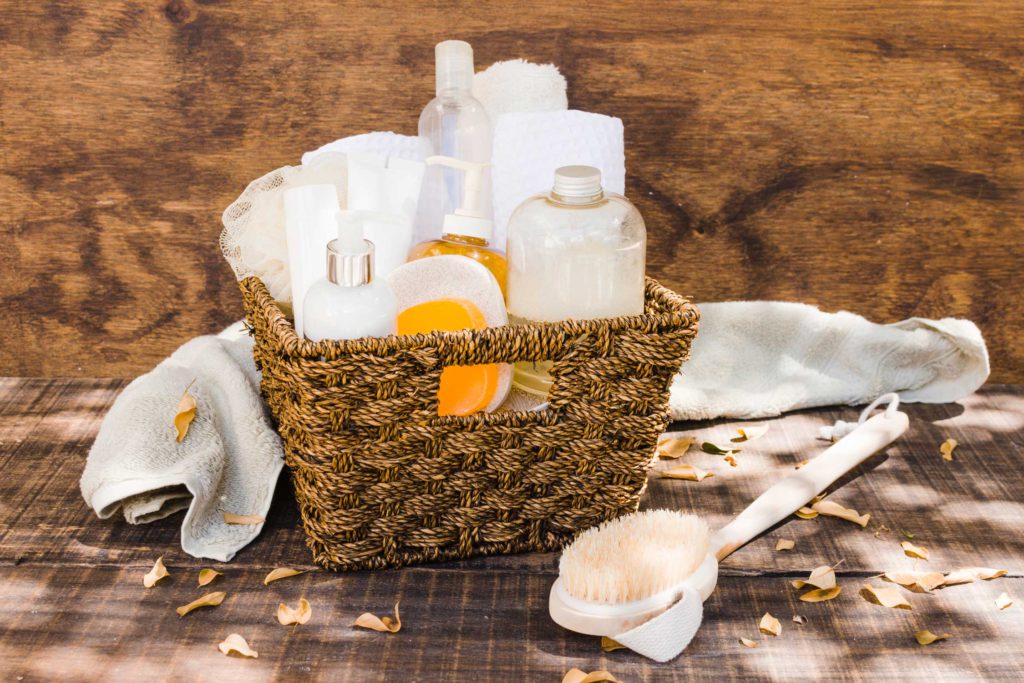 composition of bathroom elements in a basket