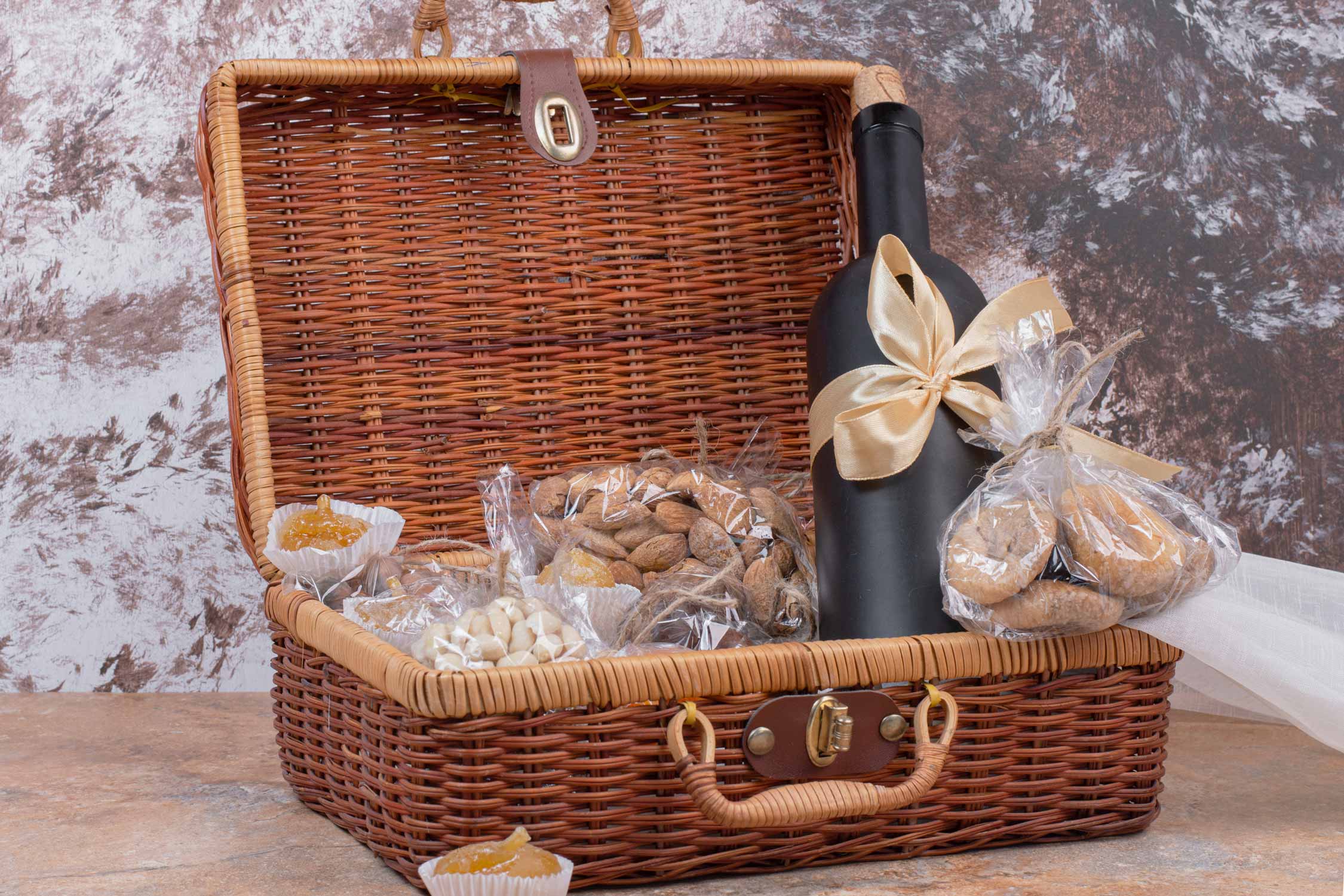 Welcome basket with local products such as wine and dried fruit